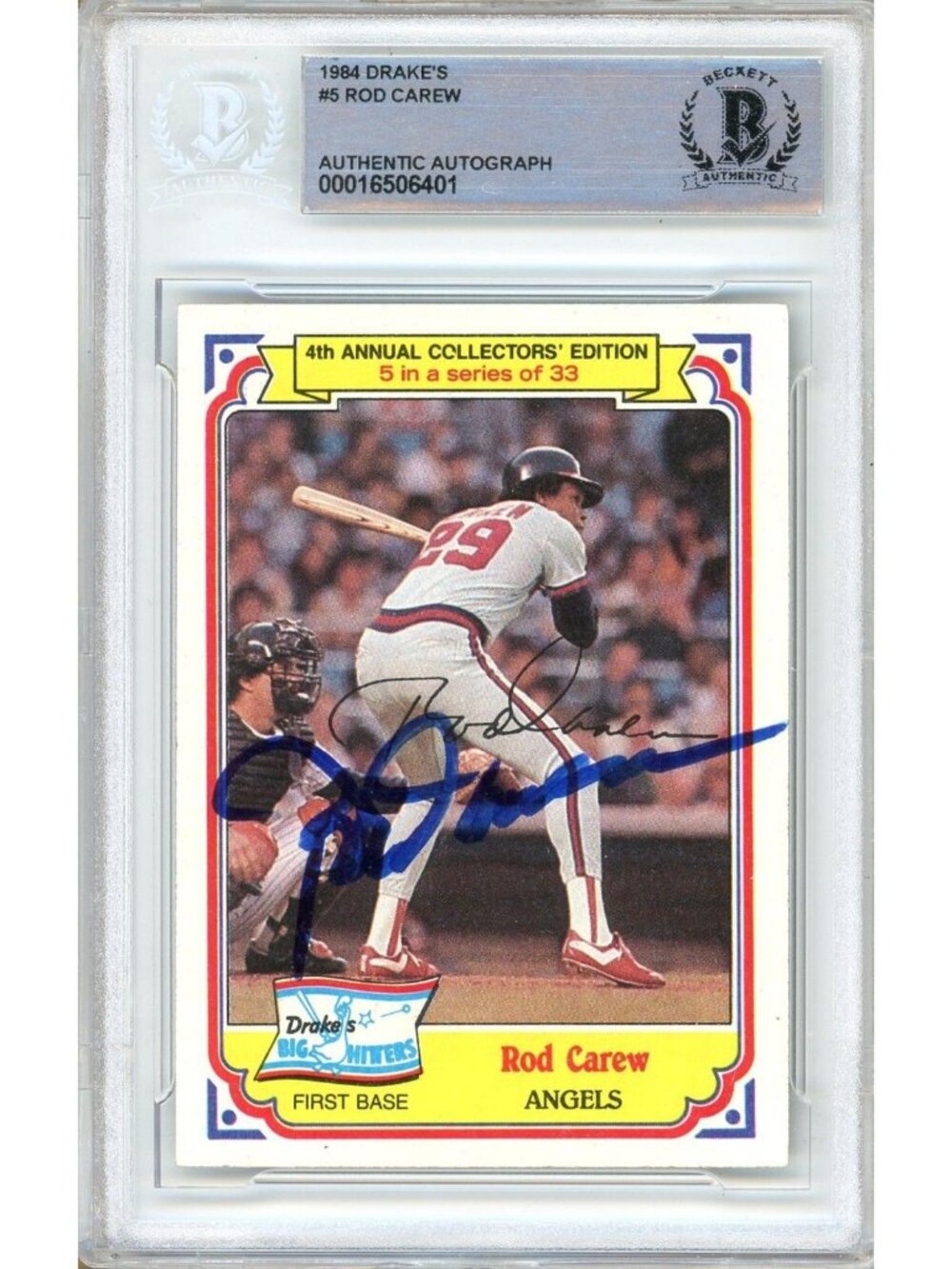 Rod Carew Signed 1984 Drake's Big Hitters #5 California Angels BAS Slab MLB Auto